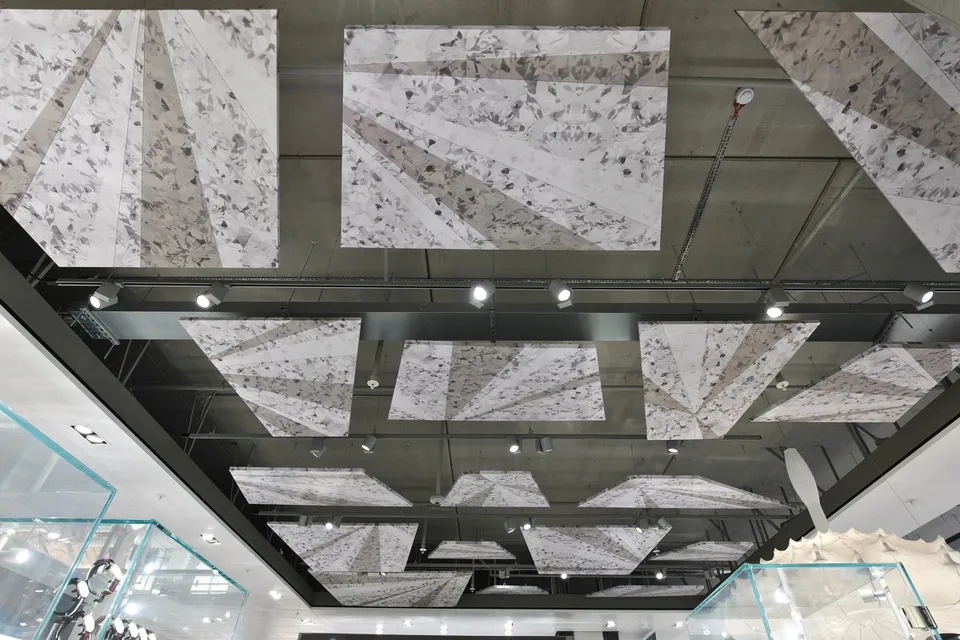 Patterned overhead acoustic panels in the John Lewis store