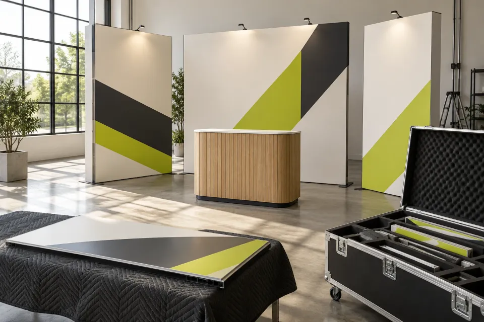 Concept image of modular display walls with a lime and charcoal graphic, a timber counter and an open packing case