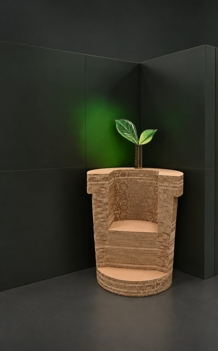 Sculptural chair made from layered board with a decorative leaf