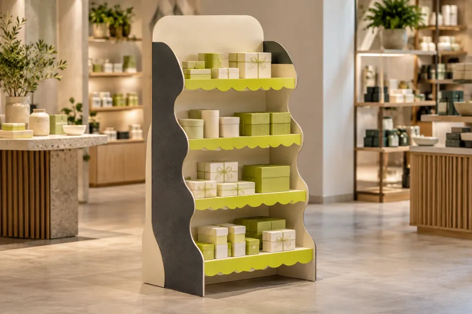 Concept image of a compact freestanding gift display with lime shelf edges and boxed products