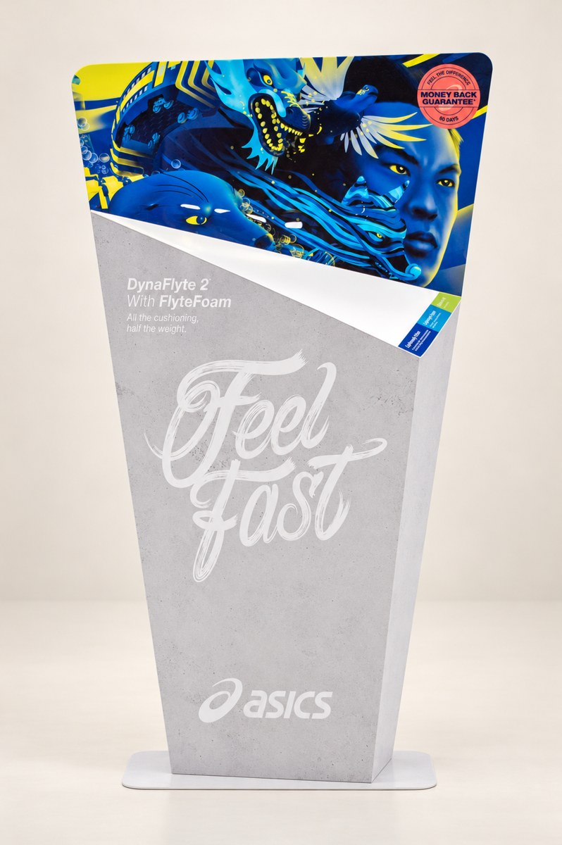 ASICS printed campaign panel on a folded display form