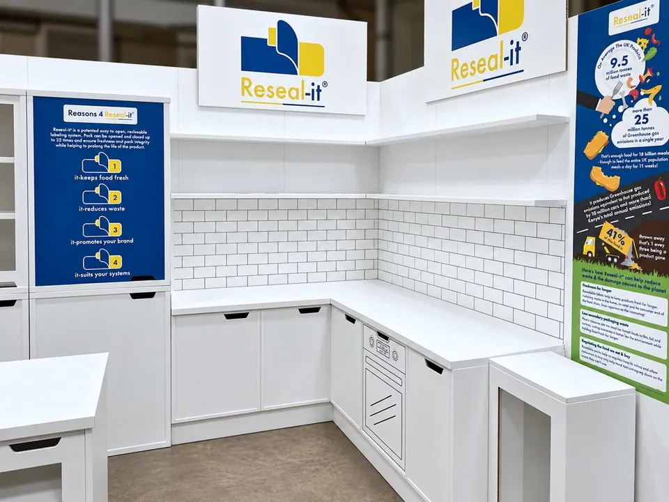 Reseal-it kitchen-style display with printed tiles and appliance-shaped units