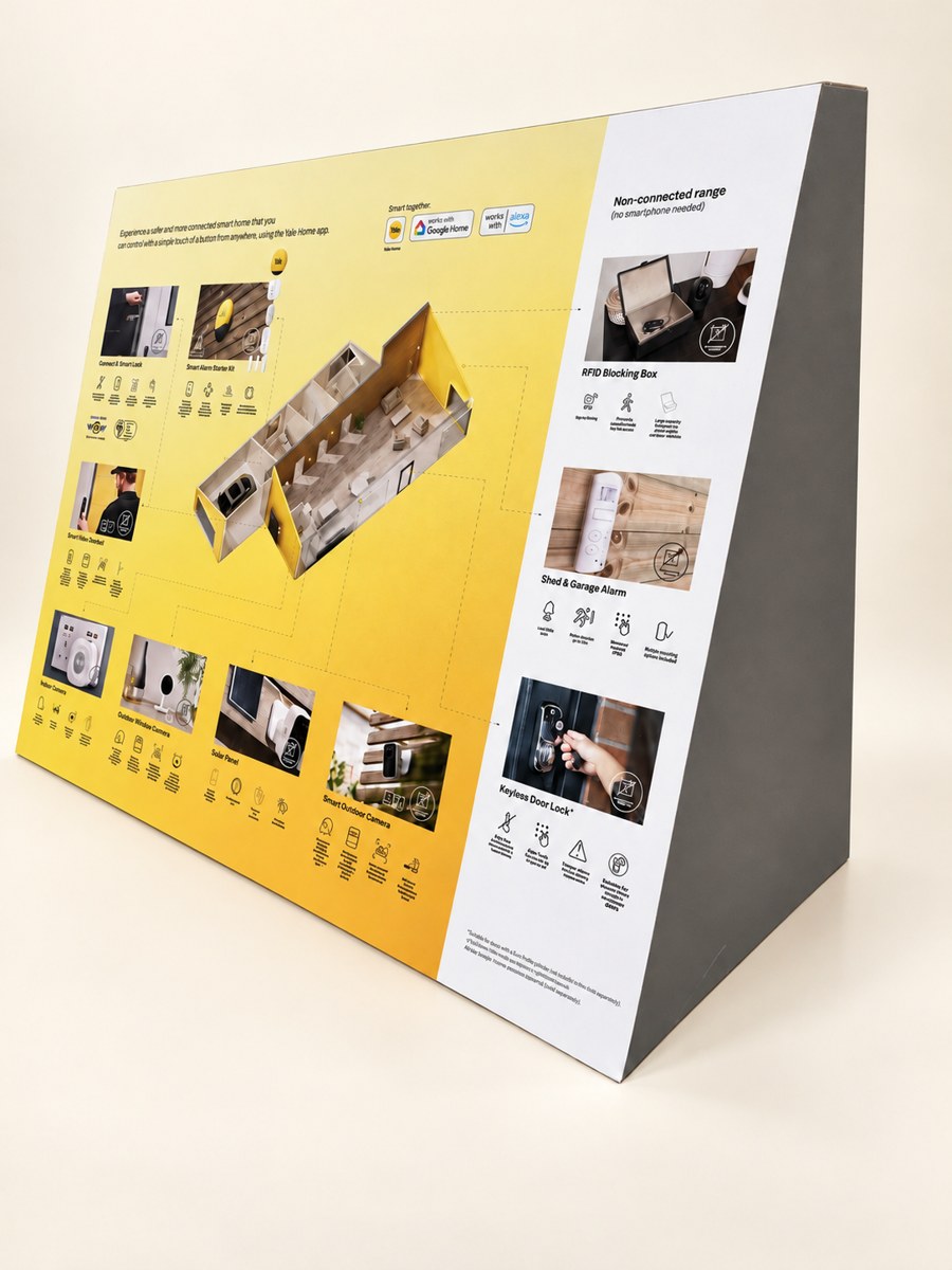 Angled Yale POS display with printed information panels
