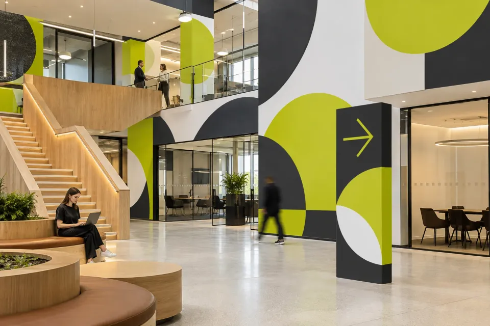 Concept image of an office atrium with lime and charcoal wall graphics and a wayfinding totem with an arrow
