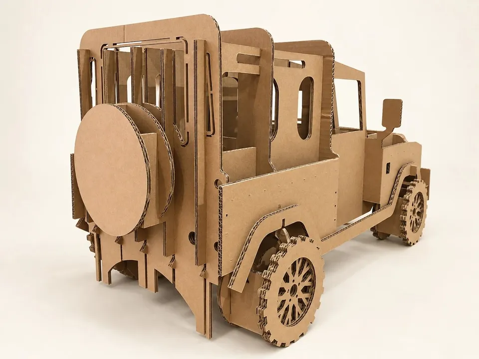 Vehicle replica with cut board profiles and layered wheels