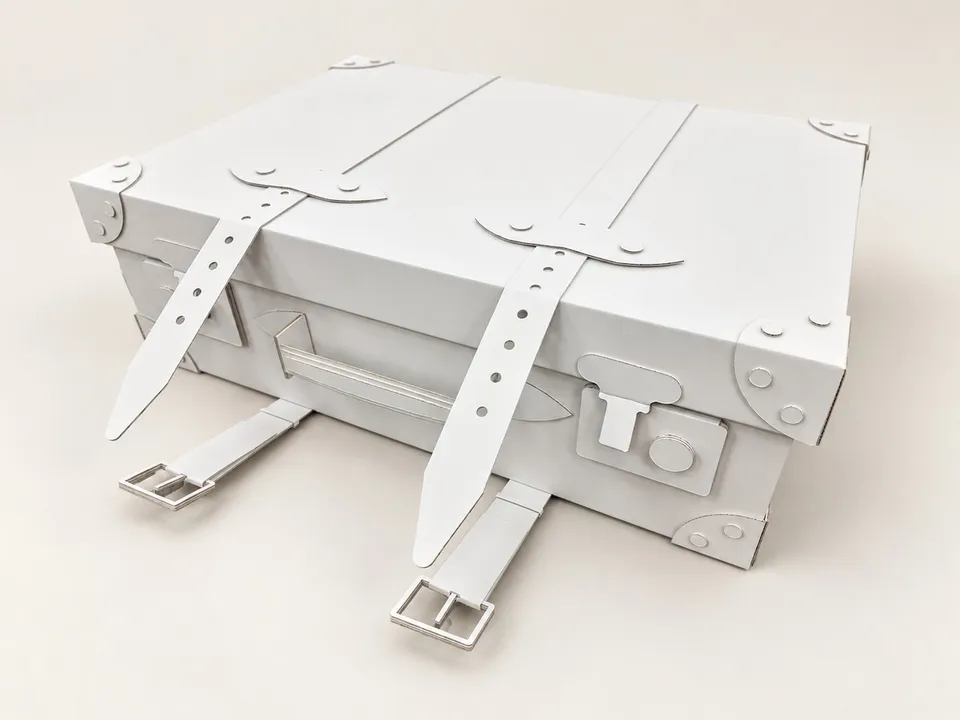 Don Papa suitcase-shaped display with printed straps and corner details