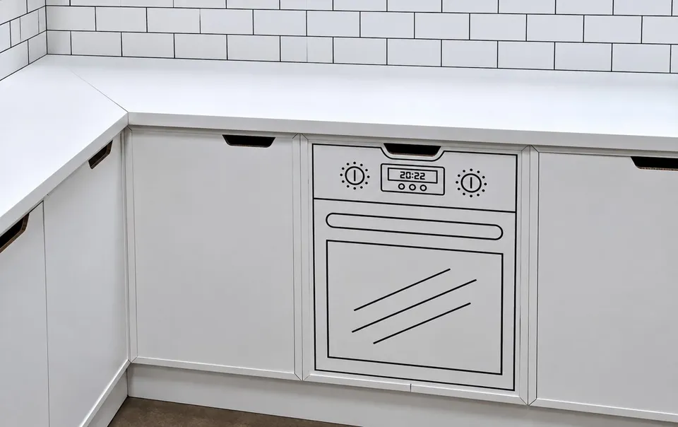 Reseal-it kitchen-style display with printed tiles and appliance-shaped units