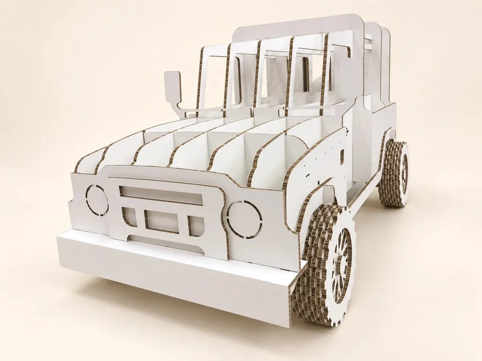 Vehicle replica with cut board profiles and layered wheels