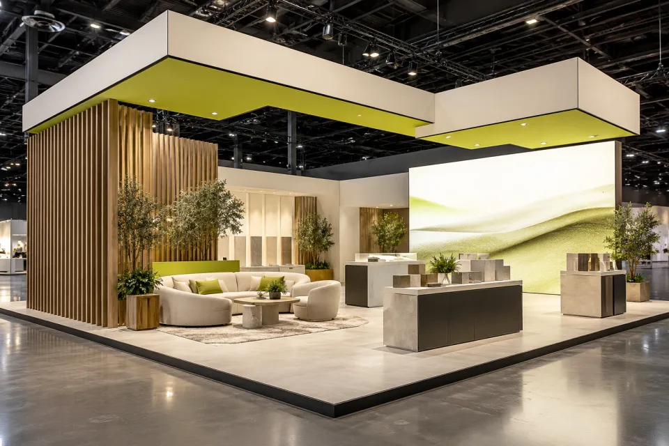 Concept image of an open exhibition stand with a white and lime canopy, a timber slat wall, seating and product stations