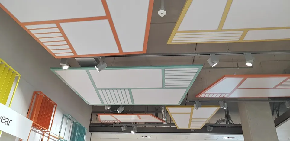 Patterned overhead acoustic panels in the John Lewis store