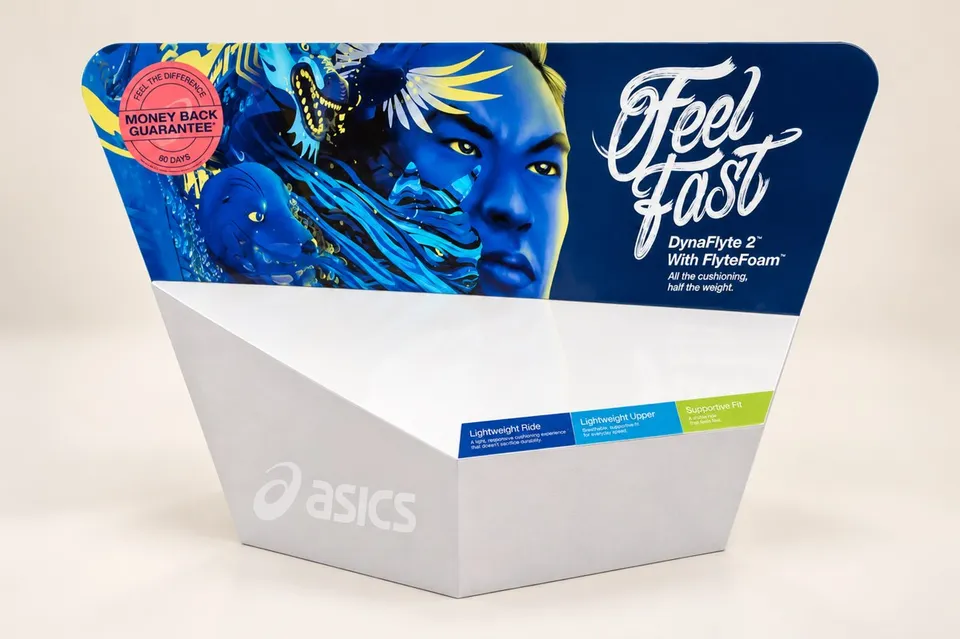ASICS printed campaign panel on a folded display form