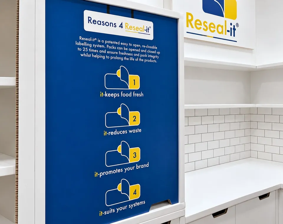 Reseal-it kitchen-style display with printed tiles and appliance-shaped units