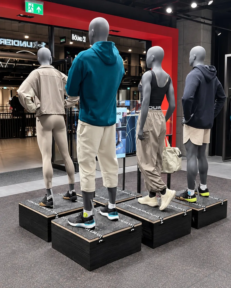 Under Armour sports retail display with mannequins