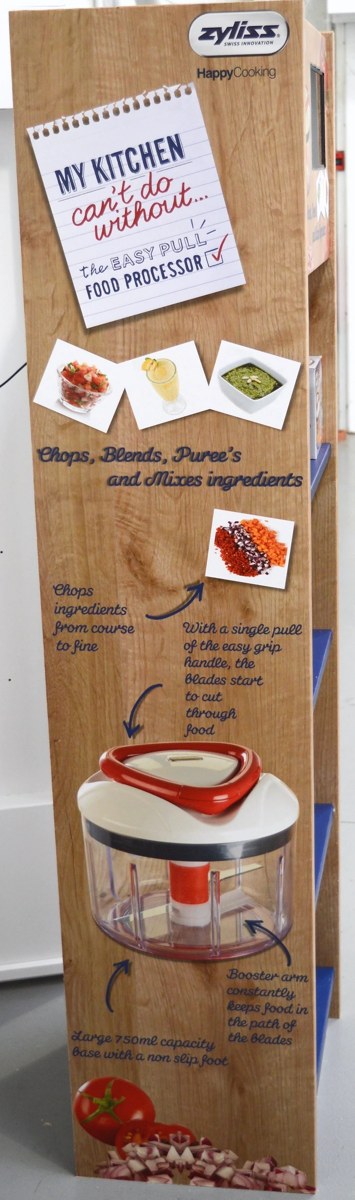 Branded kitchenware display with product positions and printed header