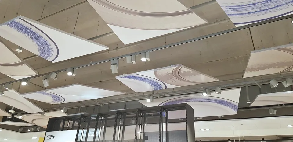 Patterned overhead acoustic panels in the John Lewis store