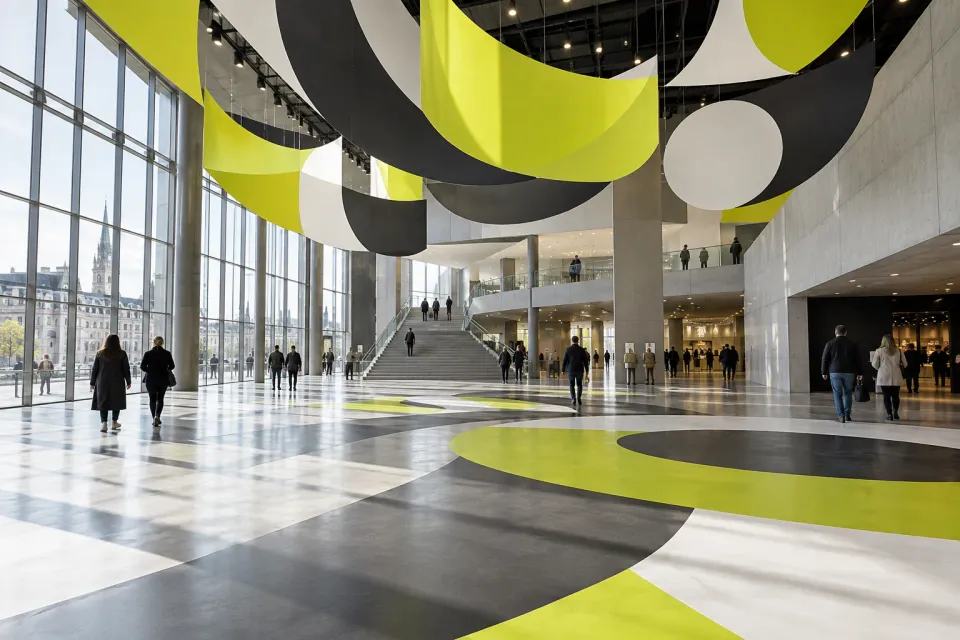 Concept image of an atrium with lime and charcoal floor graphics and suspended ceiling shapes