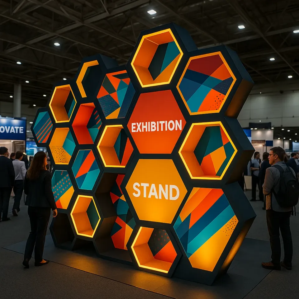 People observing custom, geometric honeycomb boards at an exhibit.