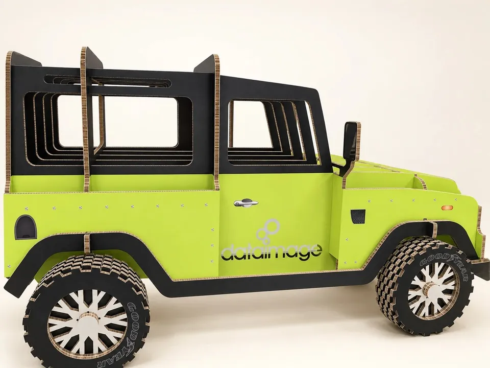 Vehicle replica with cut board profiles and layered wheels