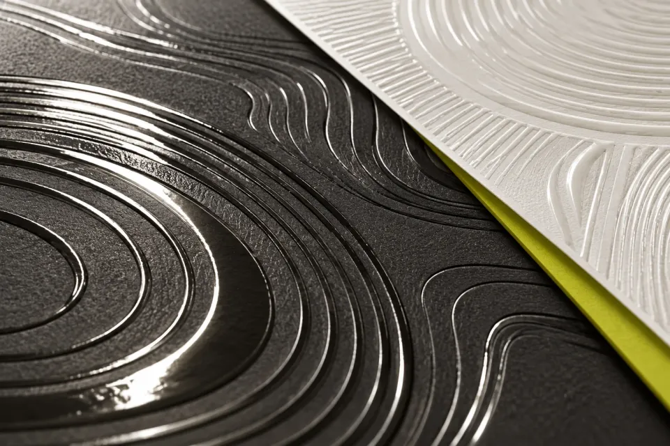 Concept image of glossy raised contour lines across charcoal and white print samples, with a lime edge between them