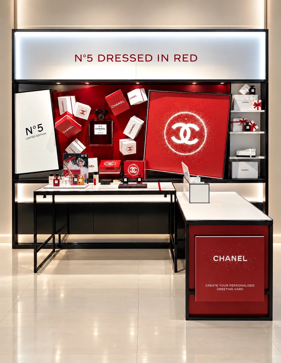 CHANEL red and white fragrance campaign display