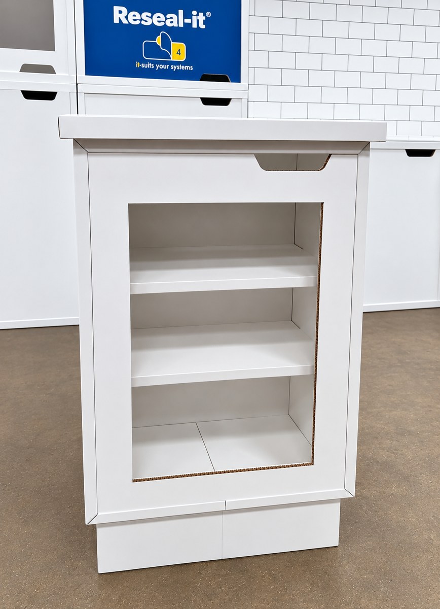 Reseal-it kitchen-style display with printed tiles and appliance-shaped units