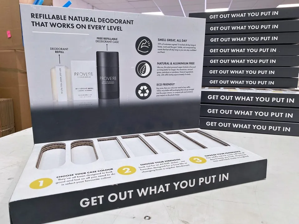 Proverb printed display backboard and product presentation