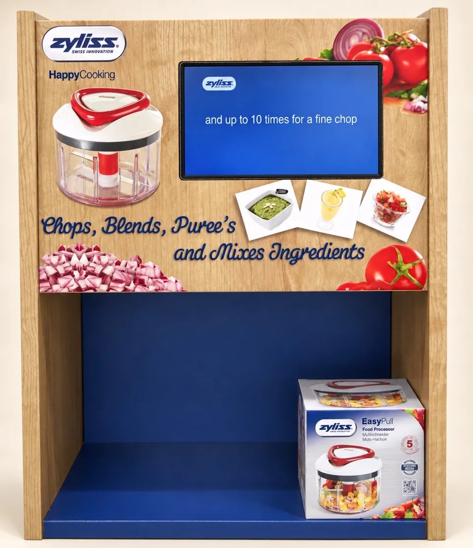 Zyliss display header with screen and product position