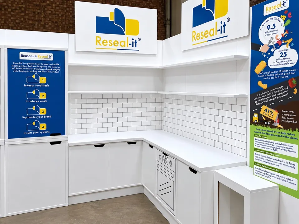 Reseal-it kitchen-style display with printed tiles and appliance-shaped units
