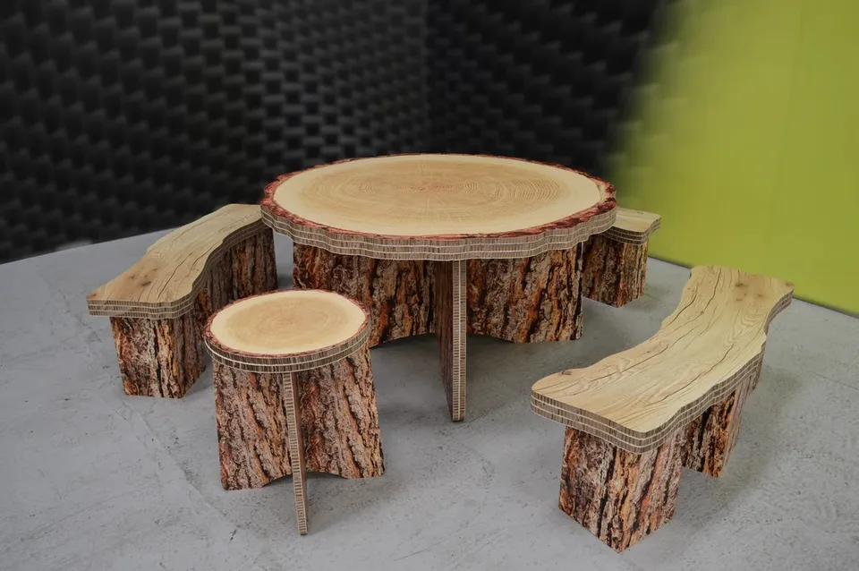 Re-board tree-trunk table and stools with printed bark detail
