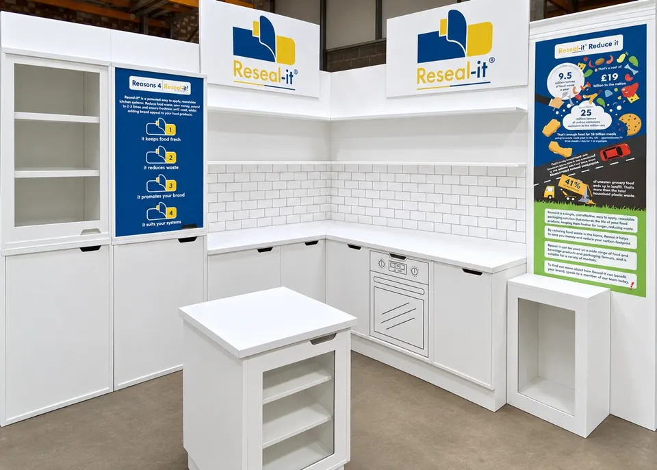 Reseal-it kitchen-style display with printed tiles and appliance-shaped units