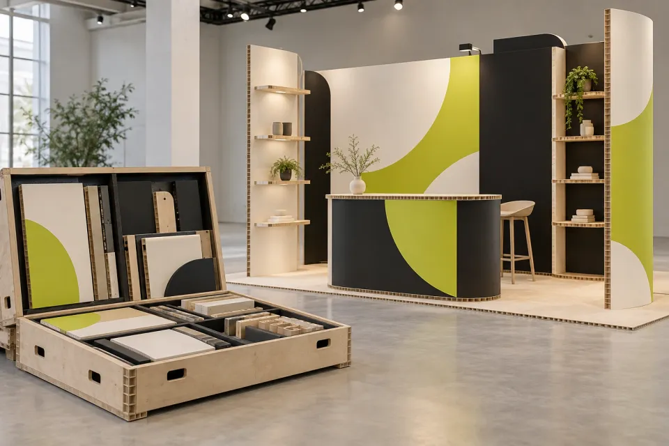 Concept image of a modular display with a lime and charcoal graphic beside a crate of material samples