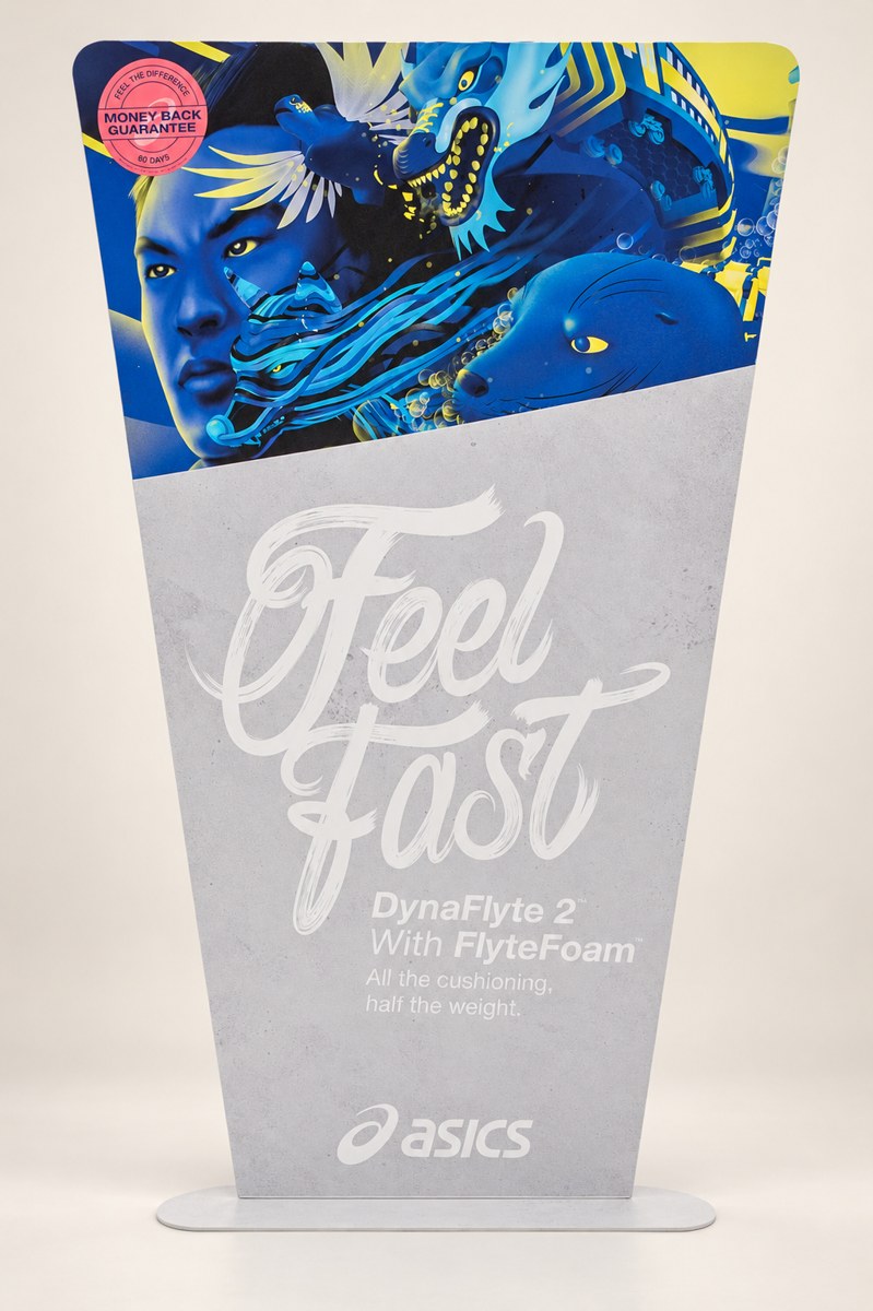 ASICS printed campaign panel on a folded display form