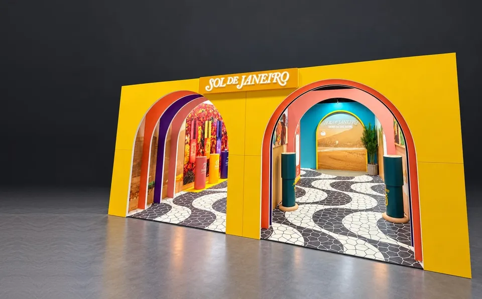 The Sol de Janeiro exhibition stand: a yellow frontage with layered arches and the brand name lit above