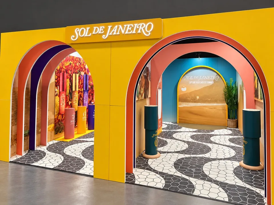 Frontal view of the Sol de Janeiro stand and patterned visitor floor