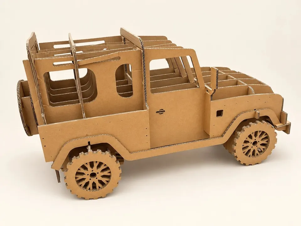Vehicle replica with cut board profiles and layered wheels