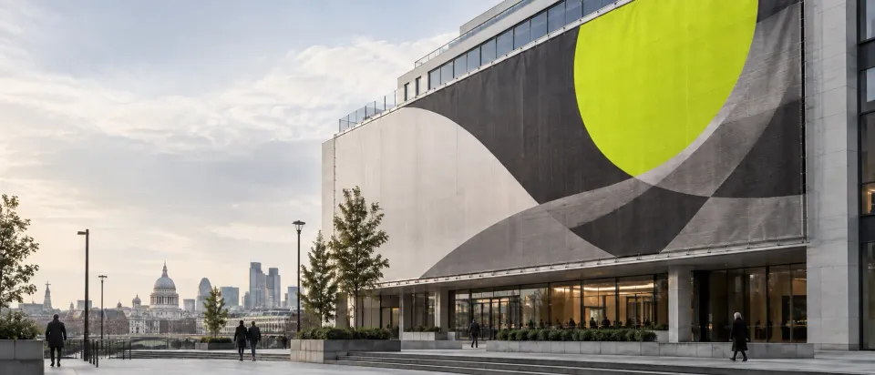 Concept image of a building wrap with large lime and charcoal shapes on a city building