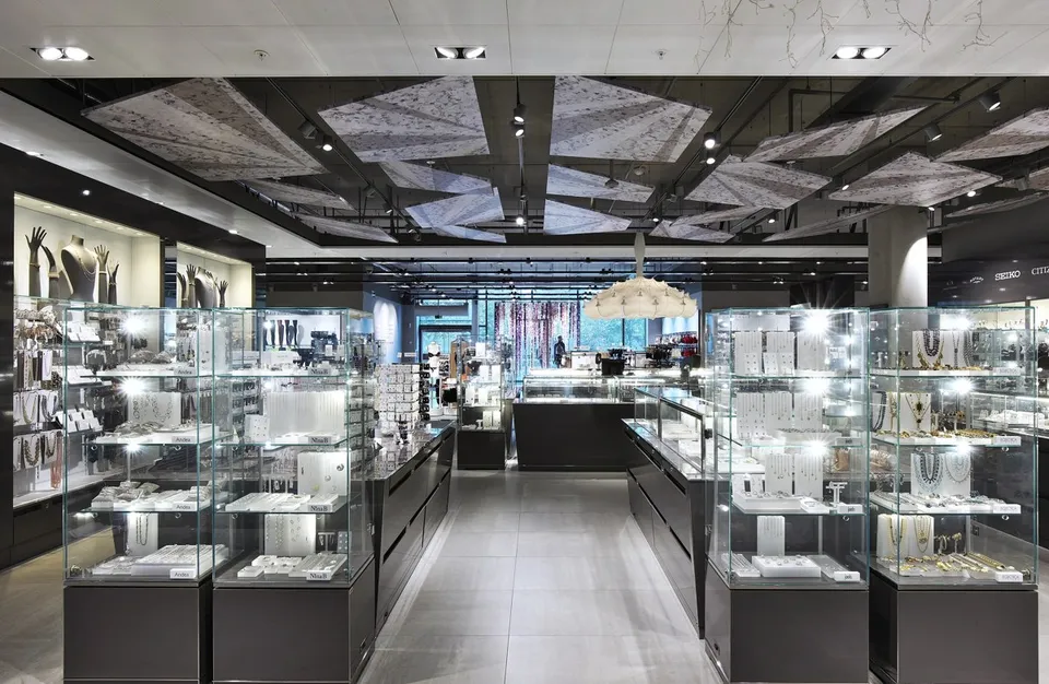 Patterned overhead acoustic panels in the John Lewis store