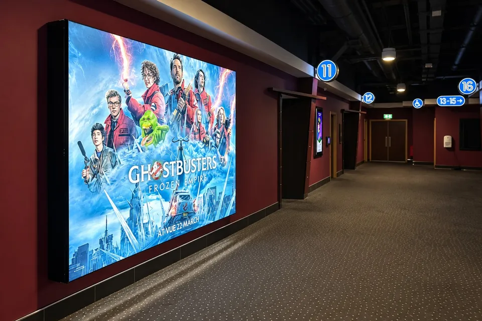 Large-format film campaign graphics within a cinema setting