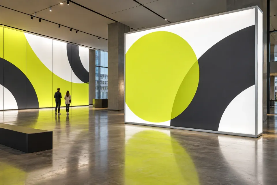 Concept image of a large illuminated fabric lightbox with a lime circle graphic in an atrium