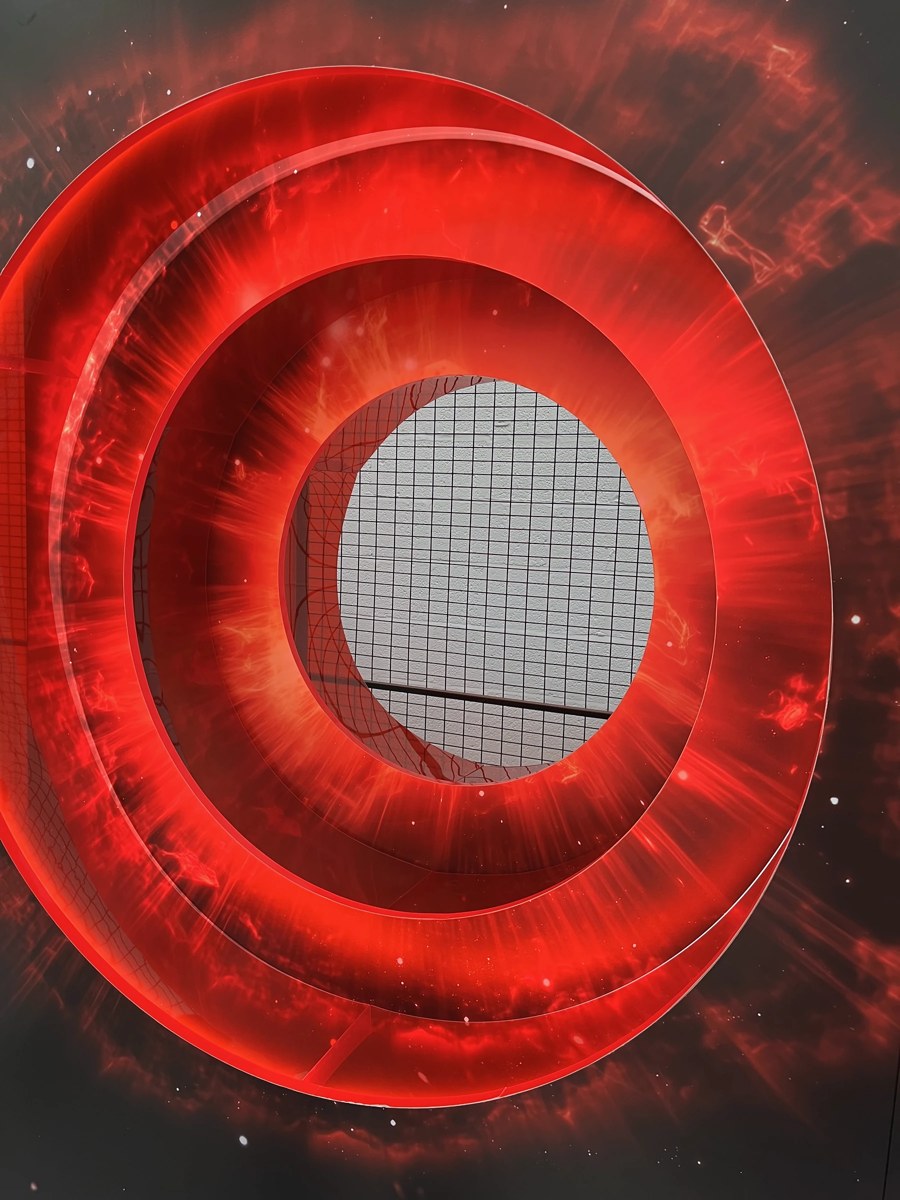 Projecting circular portal rings on a rectangular printed backdrop