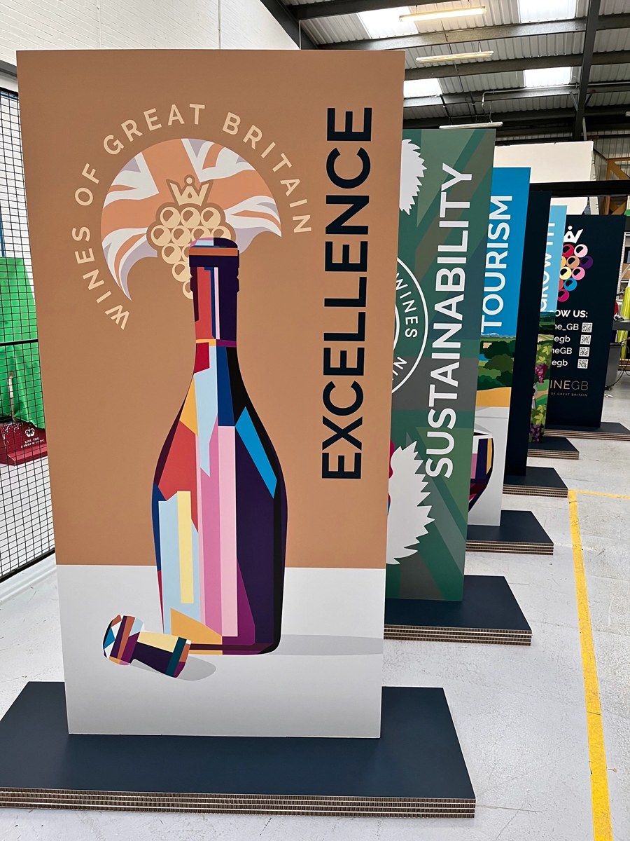 Wines of Great Britain dimensional lettering and printed totems
