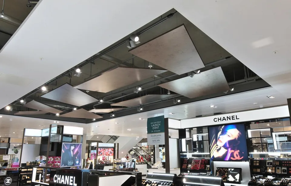 Patterned overhead acoustic panels in the John Lewis store