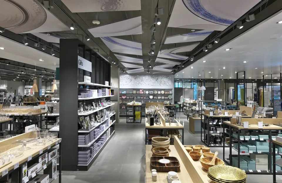 Patterned overhead acoustic panels in the John Lewis store