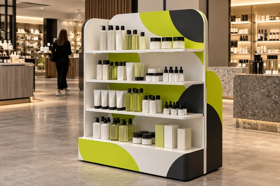 Concept image of a freestanding point-of-sale unit with white shelves and lime graphics in a store