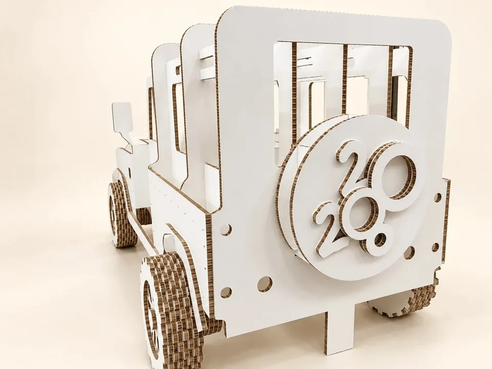 Vehicle replica with cut board profiles and layered wheels