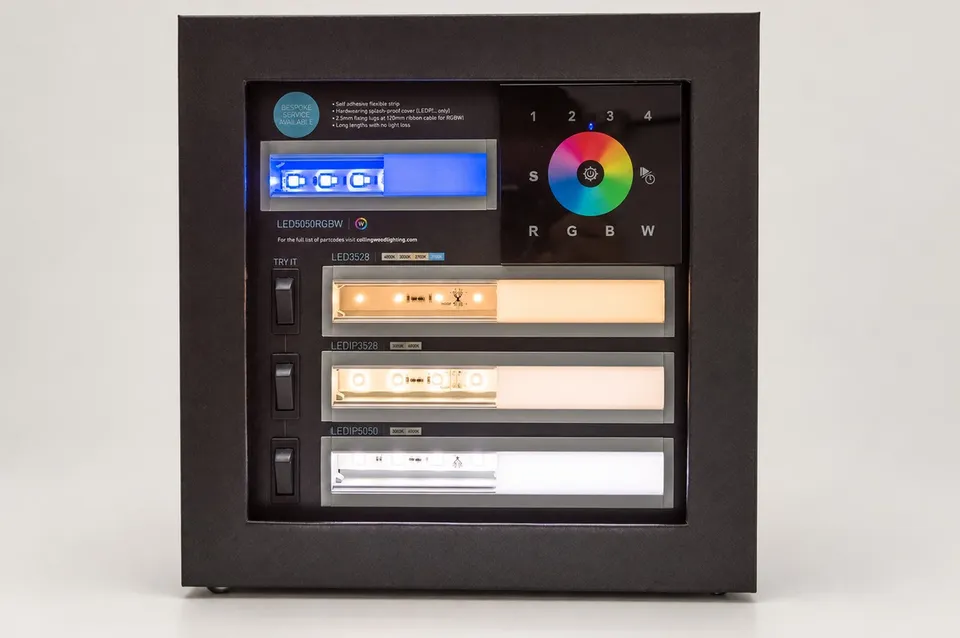 Product display cube with illuminated demonstration areas